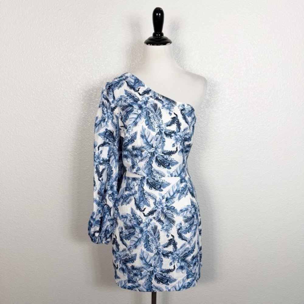 Cami NYC Pandora Dress Size 2 Linen One Shoulder Cut Out Mini Blue Tropical
